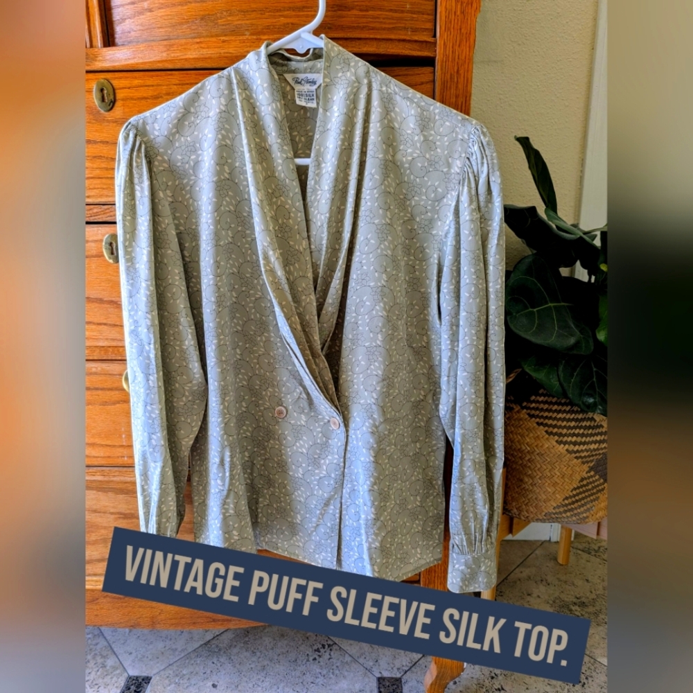 Gray Puff Sleeve Silk Top